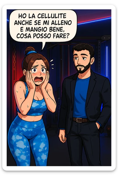 TRASFORMA QUESTO CAROSELLO IN UN FUMETTO STILE WEBTOON/MANGA A COLORI CON QUESTE DUE PERSONE IDENTICHE CHE INTERLOQUISCONO TRA LORO, LA DONNA è DISPERATA CON LE MANI SULLE GUANCE E STA DOMANDANDO TUTTA AGITATA UNA COSA ALL'UOMO:

LEI (DONNA): Ho la cellulite anche se mi alleno e mangio bene, cosa posso fare? sticker