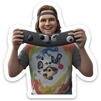 boy smiling with game console sticker