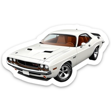 Anatomically correct white 1971 Dodge Challenger muscle car, proper 30-degree angle view, maintaining authentic proportions and structure, highly detailed but minimalist, pure white exterior, iOS emoji style sticker