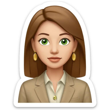Adult woman avatar, light skin tone, oval face, straight long brown hair, green eyes, neutral mouth, business casual  sticker