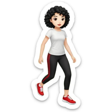 generate a pretty bratz fair skinned girl with curly black hair wearing a white tshirt trekking on a hill with red sneakers on and black leggings.  Put a hill behind her sticker