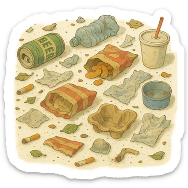 Make the trash on the floor look much messier, with more scattered items, in a ghibli style, no background. sticker