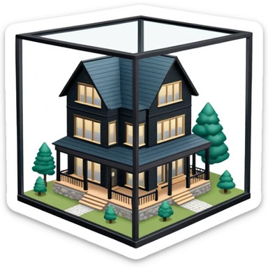 Catskills lodge, isometric dollhouse-style, realistic sticker