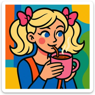 platinum blonde woman with pink bows in hair drinking hot chocolate from a pink mug, colorful and vibrant style sticker