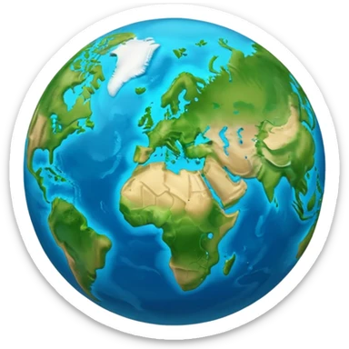 A 3D emoji in iOS emoji aesthetic style of planet Earth, showing blue oceans and green continents, soft glow effect, glossy surface, minimal white background, realistic Apple-style lighting sticker