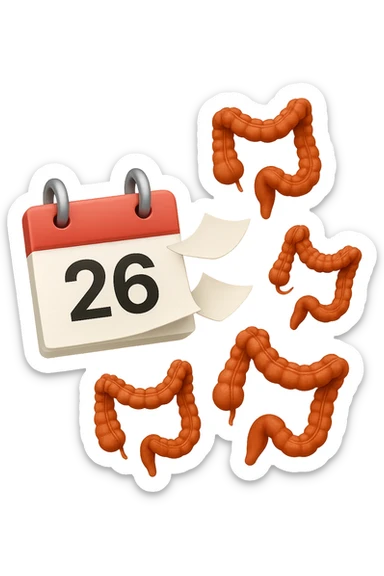 emoji stile iphone di un calendario con fogli che volano insieme a pezzi anatomici di colon umano, iperrealistico 4k, isolato su sfondo bianco sticker