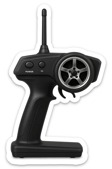 typical remote control for a remote-controlled car, with a large wheel-shaped dial on the side, realistic design, front view sticker