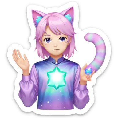 effeminate young colorful pastel nebula femboy man with shiny hair, cat ears, blouse, cute, gorgeous, anime, catboy, full body sticker