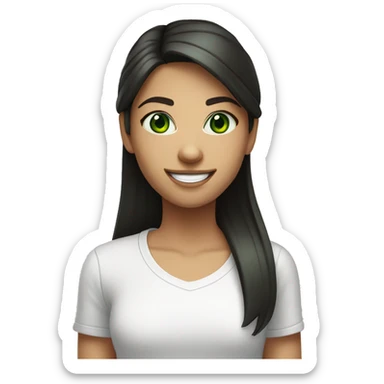 girl with dark straight hair and green eyes smiling in white t shirt  sticker