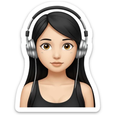 a fair INDIAN girl with straight black long hair, wearing a black cami top. and wearing silver  headphones on sticker