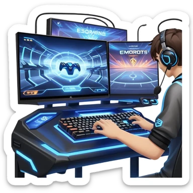 An icon featuring a gaming monitor displaying an intense esports competition, with players' hands on controllers and keyboards. A digital scoreboard and glowing energy lines surround the scene, symbolizing the excitement of competitive gaming. Transparent background highlights the world of esports. sticker
