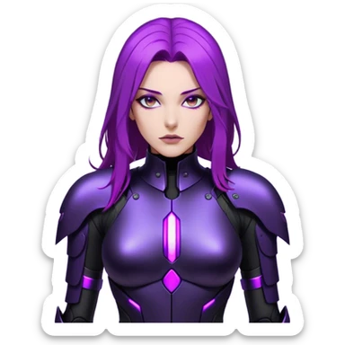 A sleek warrior woman with flowing purple hair, her sharp violet eyes glowing with quiet intensity. She wears a form-fitting black armored suit with smooth, seamless plating, a fusion of high-tech design and elegant minimalism. The matte black surface subtly reflects the dim ambient light, highlighting the streamlined contours of her suit. A slim, obsidian blade rests at her side, its edge barely visible in the soft glow of floating digital glyphs around her. Her expression is poised—calm, calculated, and unwavering, standing against a gradient-lit backdrop, where darkness meets the faintest hint of neon luminescence. sticker