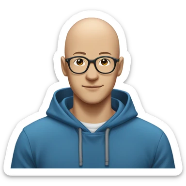 bald saitama in his 20s smiling wearing glasses and a blue hoodie sticker