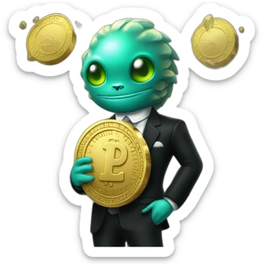 Aquamarine reptiloid in black suite with laser eyes on the golden coin in background sticker