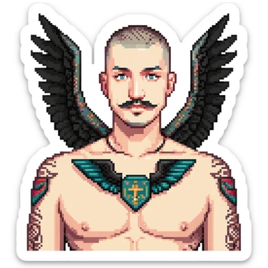 pumped up white male, buzz cut black hair, handlebar mustache black, two wings tattooed on his chest sticker