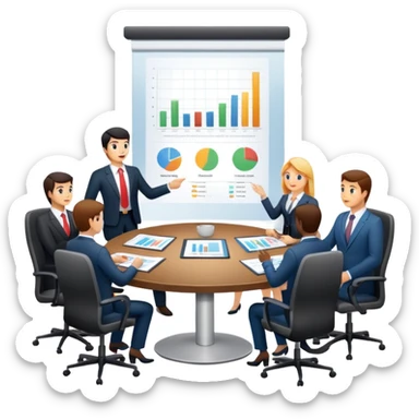boardroom meeting with people presenting charts on a large table sticker
