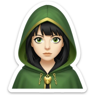 claudia winkleman with a heavy fringe as a traitor with a green hooded cloak with a gold clasp and dark black eyeliner sticker