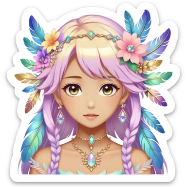 Beautiful gorgeous anime lady with beautiful iridescent-special-hair, fashion aesthetic, ethereal, fairycore, pastelcore, feather, flower, crystals, accessories, jewelries, gold, colorful sticker