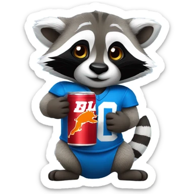 A cute raccoon holding a red bull drink, wearing a blue Detroit lions jersey  sticker