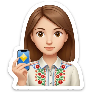 A Ukrainian girl with brown hair in an embroidered shirt holds a diagram in her hand sticker