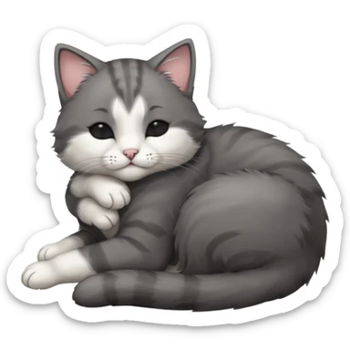 dark grey and white small cat with his eyes closed, leaning his head on his paw while leaning on his elbow lying down sticker