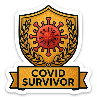 Make the badge more detailed: add intricate patterns to the shield, a more realistic virus symbol, subtle gradients, and a gold laurel wreath around the edge. Keep the celebratory style and 'COVID Survivor' text. sticker