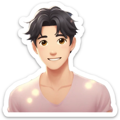 Gorgeous bright sparkly romantic Asian anime gentle man with blushing face aesthetic trending style outside sticker