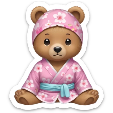 A cute light-brown bear wearing a pastel pink sakura-patterned yukata loosely, normal balanced body ratio.  
Relaxing in a warm hot spring with steam around, a small towel on the head, peaceful happy expression.  simple scenic background with rocks. sticker