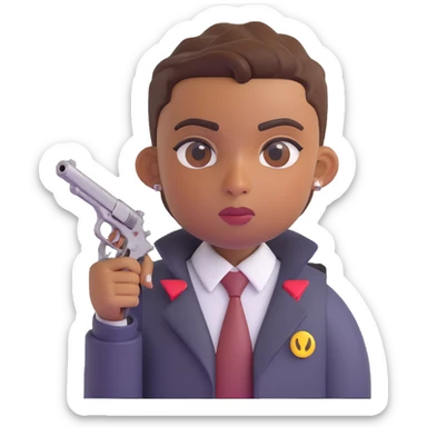 brown-skinned boy with low taper fade, coily hair, septum piercing, two eyebrow slits on left eyebrow, long nose bridge, button nose, holding a gun, serious face, 3D emoji style sticker