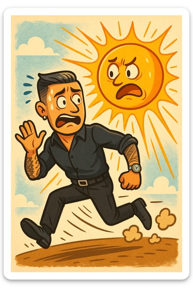 Uomo che corre via dal sole spaventato perchè pensa sia nocivo sticker