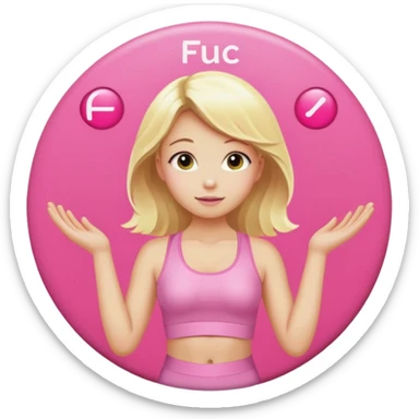 angelic blonde girl in light pink yoga outfit pushing "F U C K" pink button  sticker