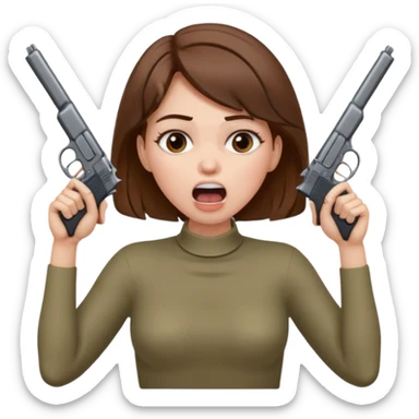 the woman emoji with brown hair and white skin choking herself  with both hands around her neck with her mouth open and two arms from behind her holding a gun in each hand point directly at her head sticker