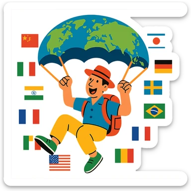 A joyful tourist on a cultural mission, parachuting with a world map, modern illustration, vivid colors, diverse country flags, energetic and colorful. sticker