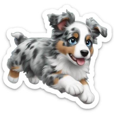 a 5 month old miniature American shepherd puppy, blue merle in color, with blue eyes,  riding a wave sticker