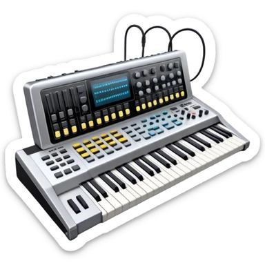 Create a professional and detailed emoji that represents sound design. The design should feature a high-end studio synthesizer, specifically a Korg synthesizer, with a mixing console and control panel, all connected with audio cables. Surround the equipment with flowing sound waves or musical notes to symbolize the creation and manipulation of sound. Use colors like metallic silver, black, and neon accents to emphasize the technical, creative nature of sound design. The background should be transparent. sticker
