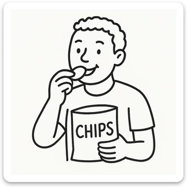man eating chips, more white, smiling a little, doodle sticker