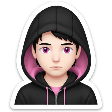 young man that has pink eyes with black hair and wearing a black hoodie that is completely black and the white part is the only pink part sticker