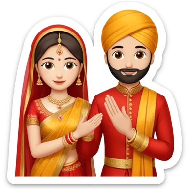 Two hands in a engagement..One hand of groom and one hand of bride. Bride dress - red/yellow saree. groom- light orange punjabi (oonly hands will be visible sticker