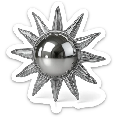 chrome style sun with radiant metallic rays, highly reflective and polished sticker