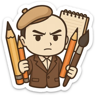 Make this chibi sticker mascot more serious and professional, keeping it gender-neutral. Add a focused expression, organized art supplies, and a more sophisticated vibe. No background. sticker
