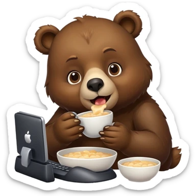 Bear eating porridge playing computer game sticker