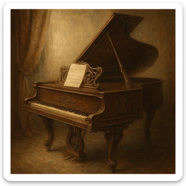 romantic period classical piano, soft lighting, vintage, intricate woodwork, sheet music, artistic sticker