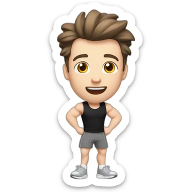 amazed Open with surprise mouth Pale skinned Fit Man With the biceps and dark brown hair in black shirt, gray sports shorts and white Sneakers sticker