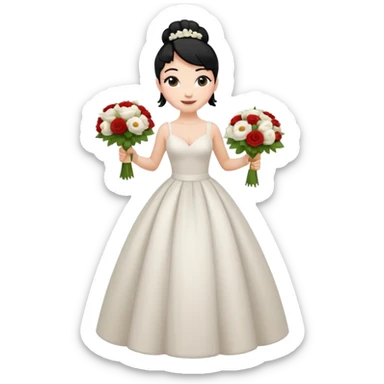 Chica blanca,cuerpo entero, vestido boda tirantes , pelo negro,   1 ramo de flores , pelo recogido en moño alto sticker