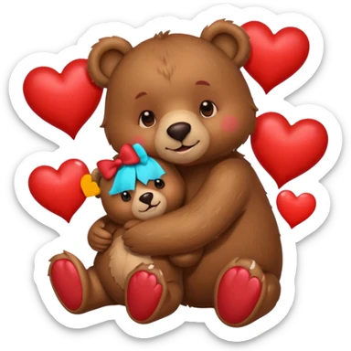 girl bear with bow and boy bear hugging, surrounded by hearts, playful and loving, cute sticker