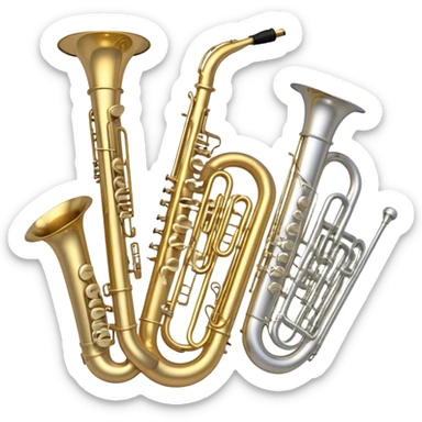 Create a professional, harmonious emoji collage symbolizing wind instruments.  The instruments should be in metallic gold, silver, and brass tones, with subtle reflections to convey a professional and polished appearance. Add soft musical notes or soundwaves to surround the instruments, creating a sense of movement and sound. The background should be transparent, ensuring all instruments are the focus and the composition remains harmonious and balanced. sticker
