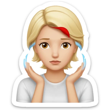 Cewe blonde yang lagi overthingking keliatan tangannya lagi mikir sticker