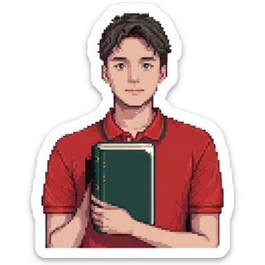 man with clean haircut, wearing a red polo shirt, holding a book sticker