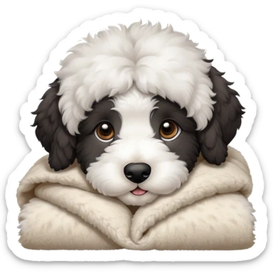 sheepadoodle puppy cozy in a sherpa blanket, kawaii disney-style cute  sticker