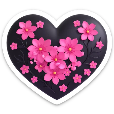 goth sakura heart, black heart with metallic pink sakura petals, shiny and bold sticker